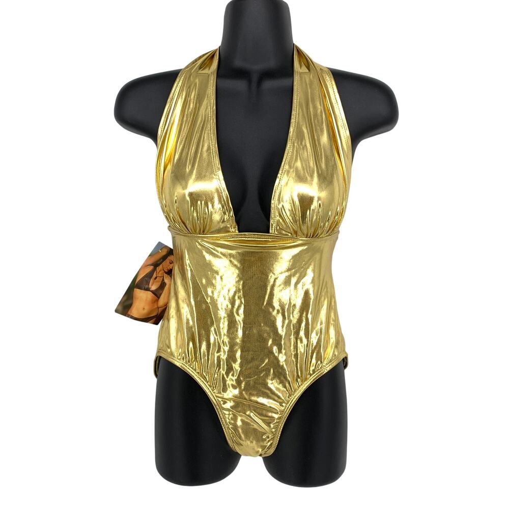 Vintage 90s Ujena Plunge Cut Halter Neck One Piece Swimsuit Sz 6 Gold Metallic